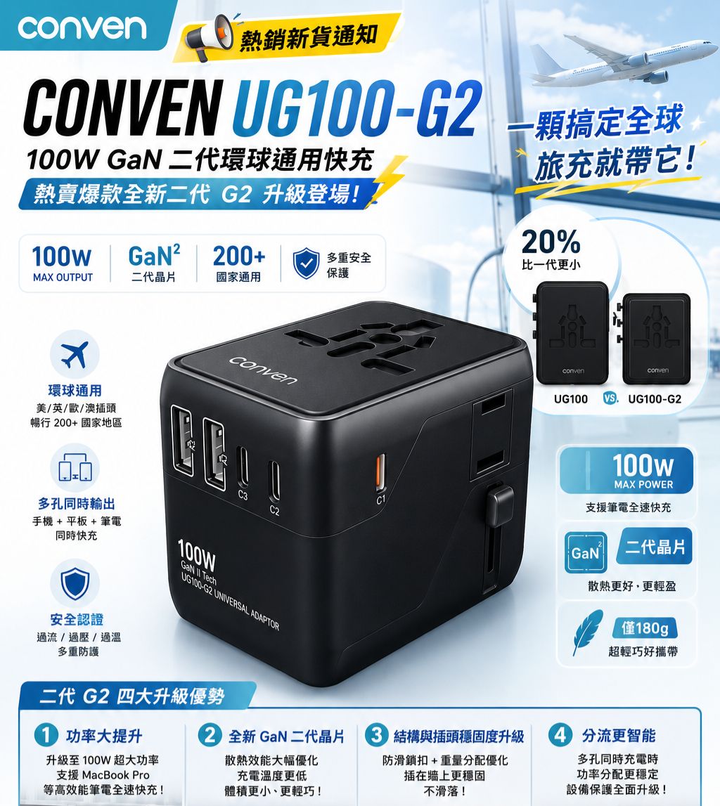 CONVEN UG100-G2 100W GaN 二代環球通用快充